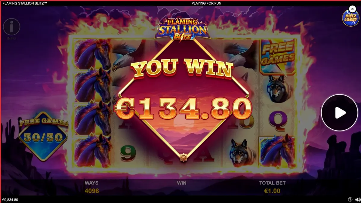 Flaming Stallion Blitz slot game screen na may mga simbolo ng hayop at apoy